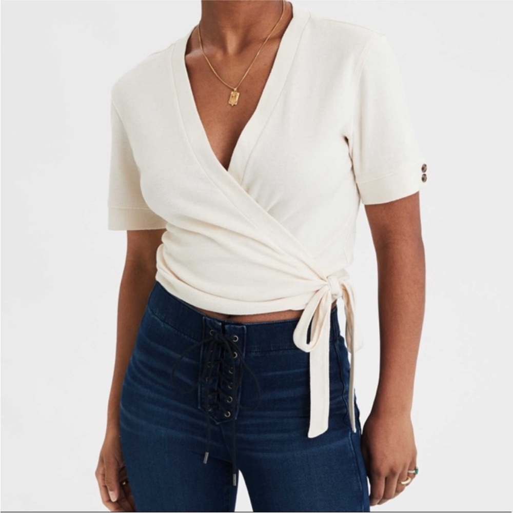 American Eagle Off-White Wrap Front Top - Picture 1 of 10